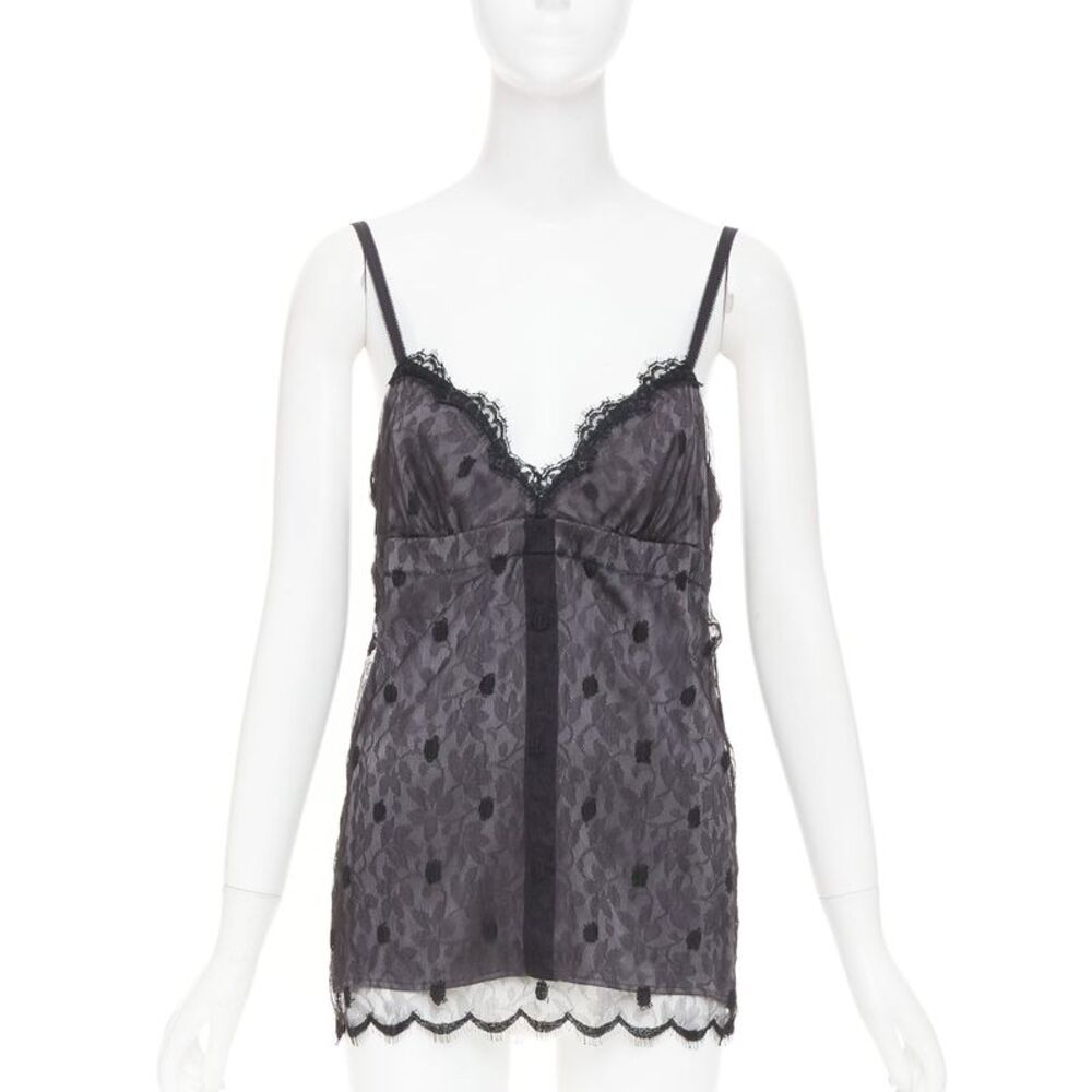 John Galliano grey floral lace polka dot trim silk camisole